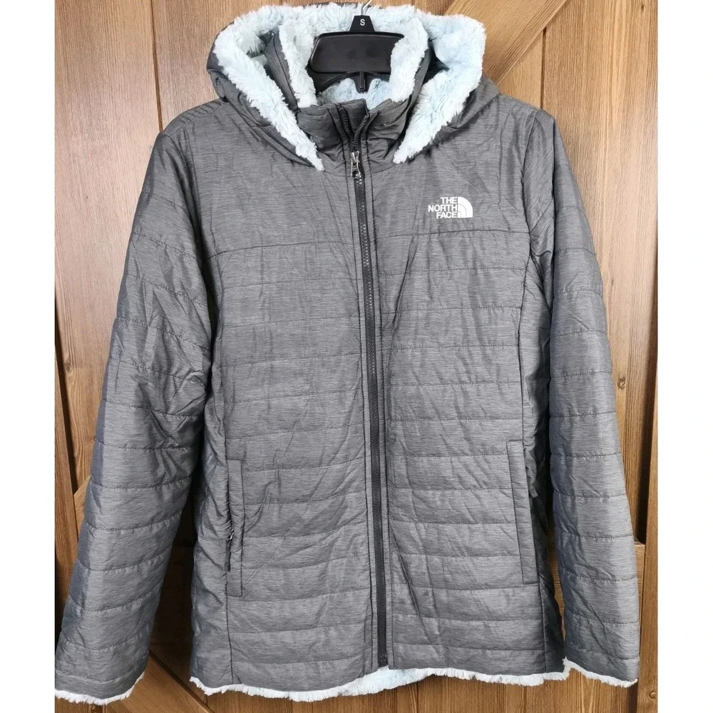 The North Face Mossbud Swirl Reversible Hooded Jacket Girls XL Gray Blue
